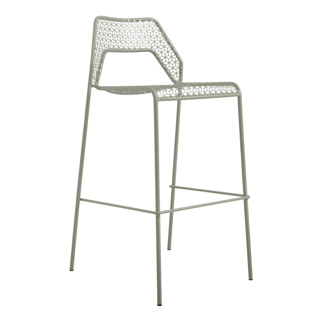 Stylish light green metal bar stool with a modern lattice pattern and sleek, minimal design. 