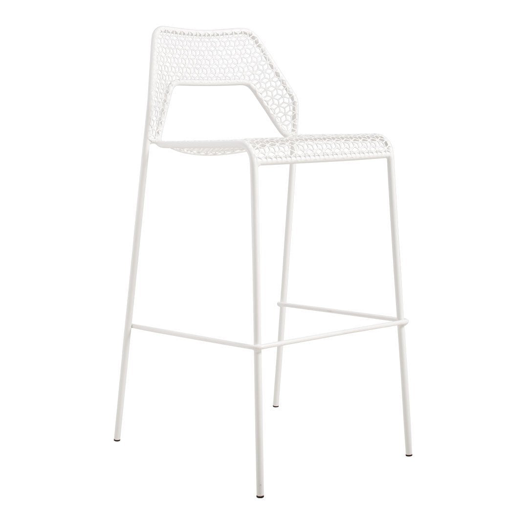 White bar stool with a modern, geometric mesh pattern and sleek metal legs. Perfect for contemporary spaces.