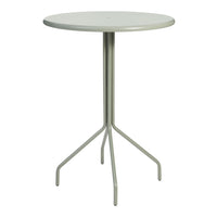 Round gray dining table with a sleek design and minimalist three-legged base. Perfect for modern spaces.
