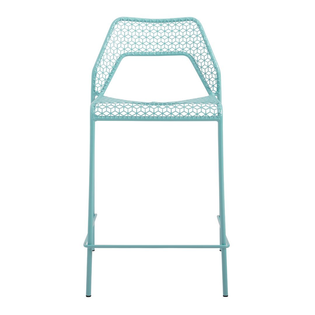 Aqua blue bar chair with a geometric mesh pattern and sleek, modern design. Ideal for stylish indoor or outdoor spaces.