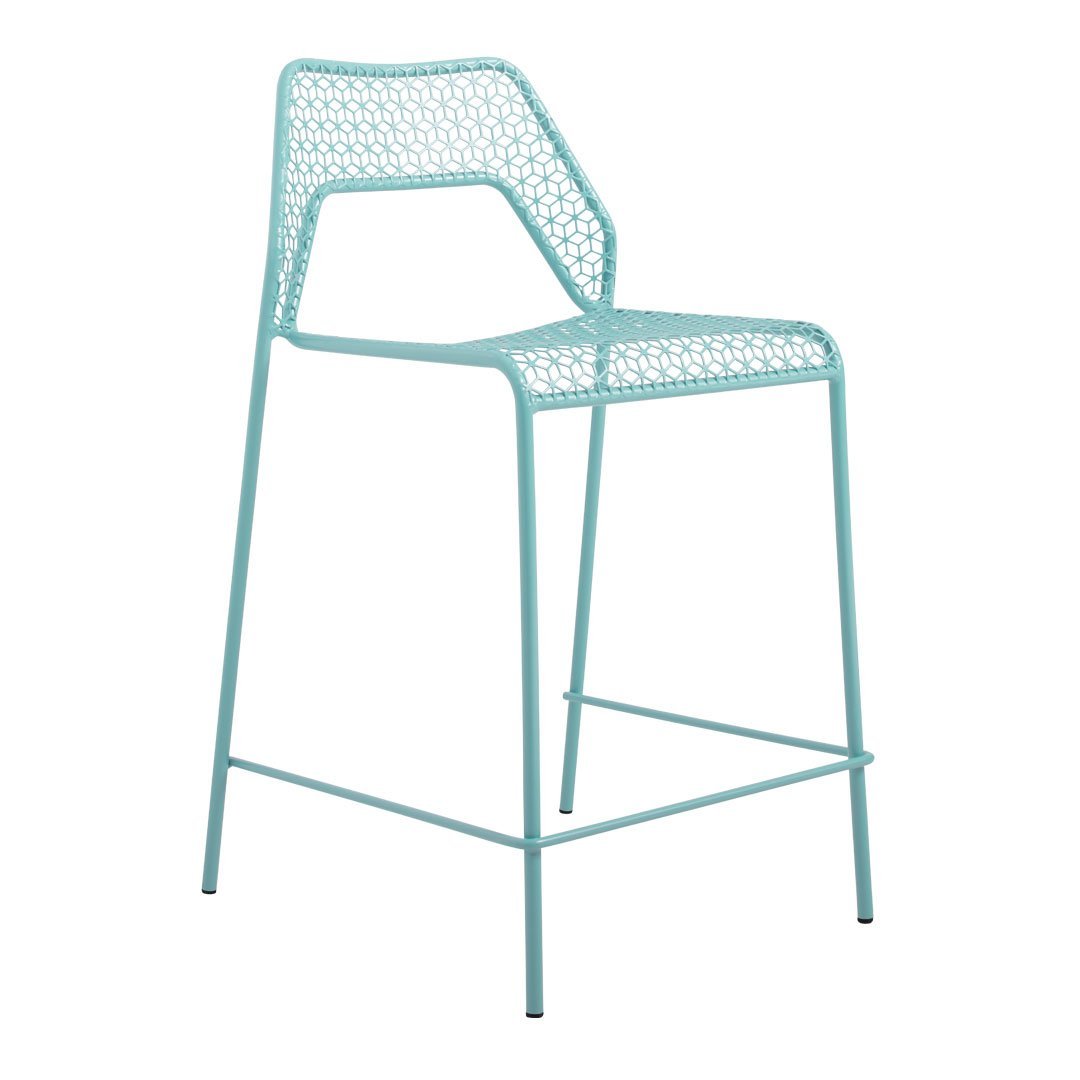 Light aqua blue bar stool with a geometric woven pattern and minimalist metal frame. Perfect for modern decor.