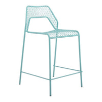 Light aqua blue bar stool with a geometric woven pattern and minimalist metal frame. Perfect for modern decor.