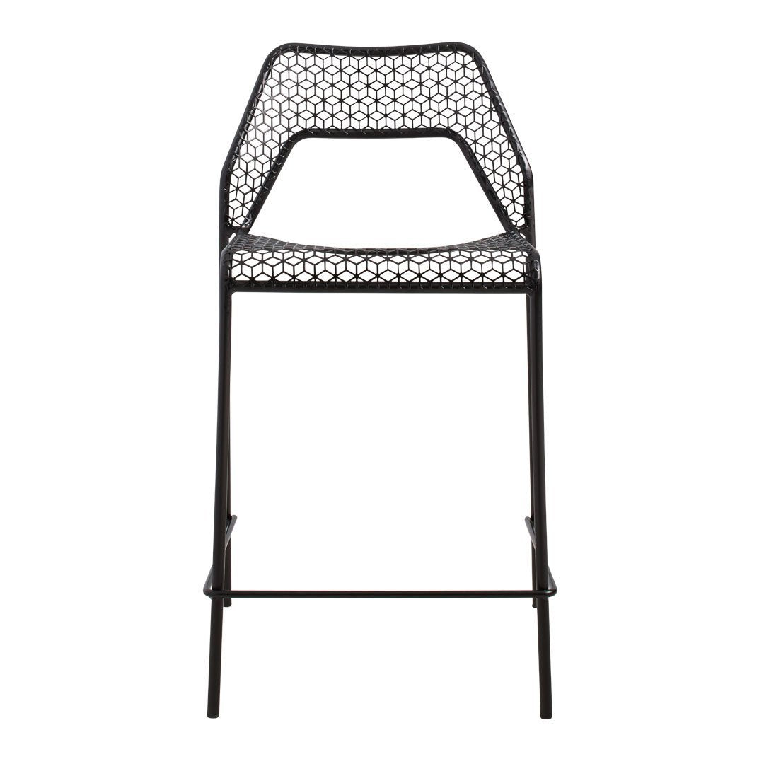 Black metal bar stool with a geometric woven pattern in the seat and backrest for modern decor.