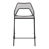 Black metal bar stool with a geometric woven pattern in the seat and backrest for modern decor.