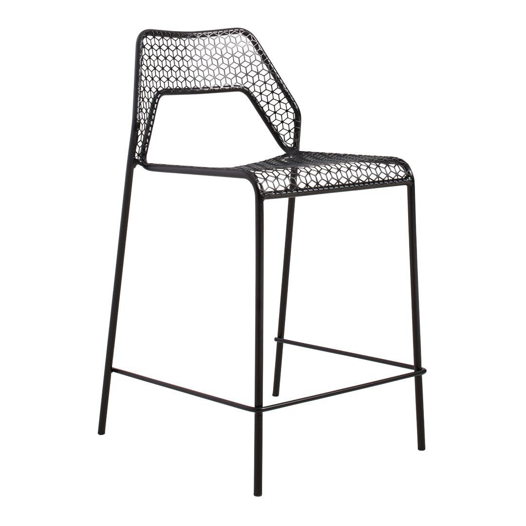 Black metal bar stool with a modern mesh-pattern seat design. Compact and stylish for any contemporary space.