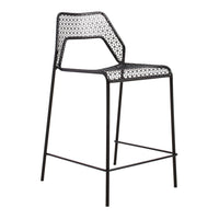 Black metal bar stool with a modern mesh-pattern seat design. Compact and stylish for any contemporary space.