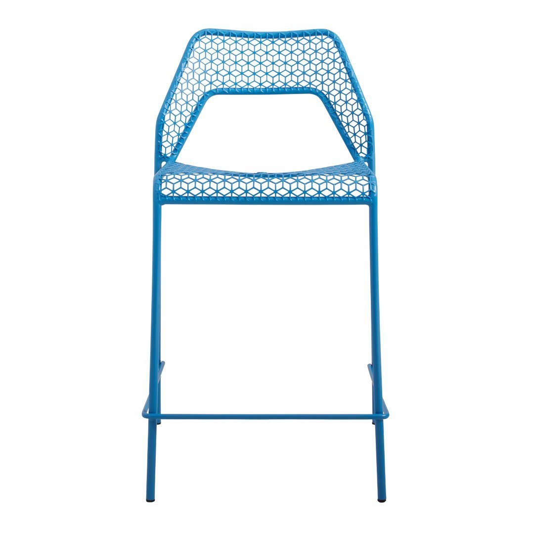 Bright blue bar stool with a geometric cut-out pattern, perfect for modern decor.