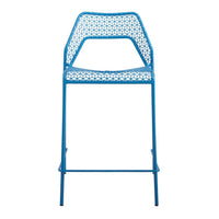 Bright blue bar stool with a geometric cut-out pattern, perfect for modern decor.