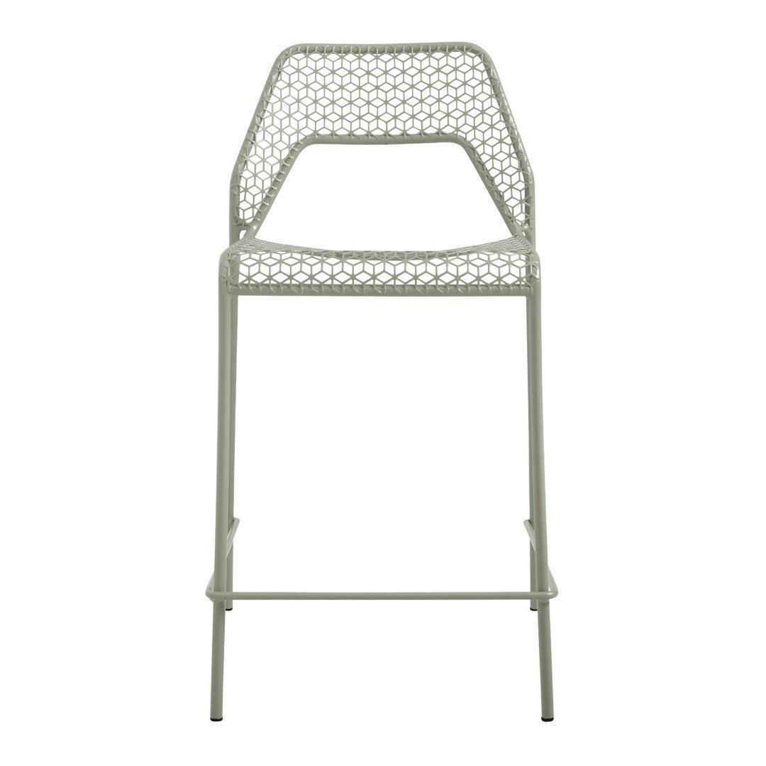 Light green metal bar stool with intricate woven pattern and sleek design, perfect for modern decor.
