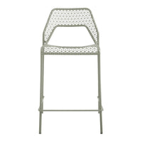 Light green metal bar stool with intricate woven pattern and sleek design, perfect for modern decor.