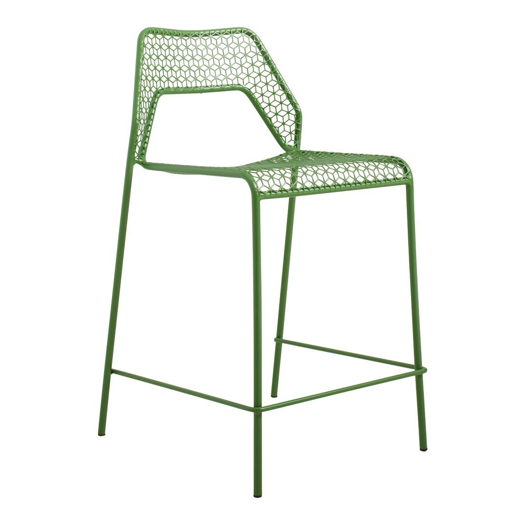 Green metal bar stool with a sleek, perforated design and modern silhouette, perfect for indoor and outdoor use.