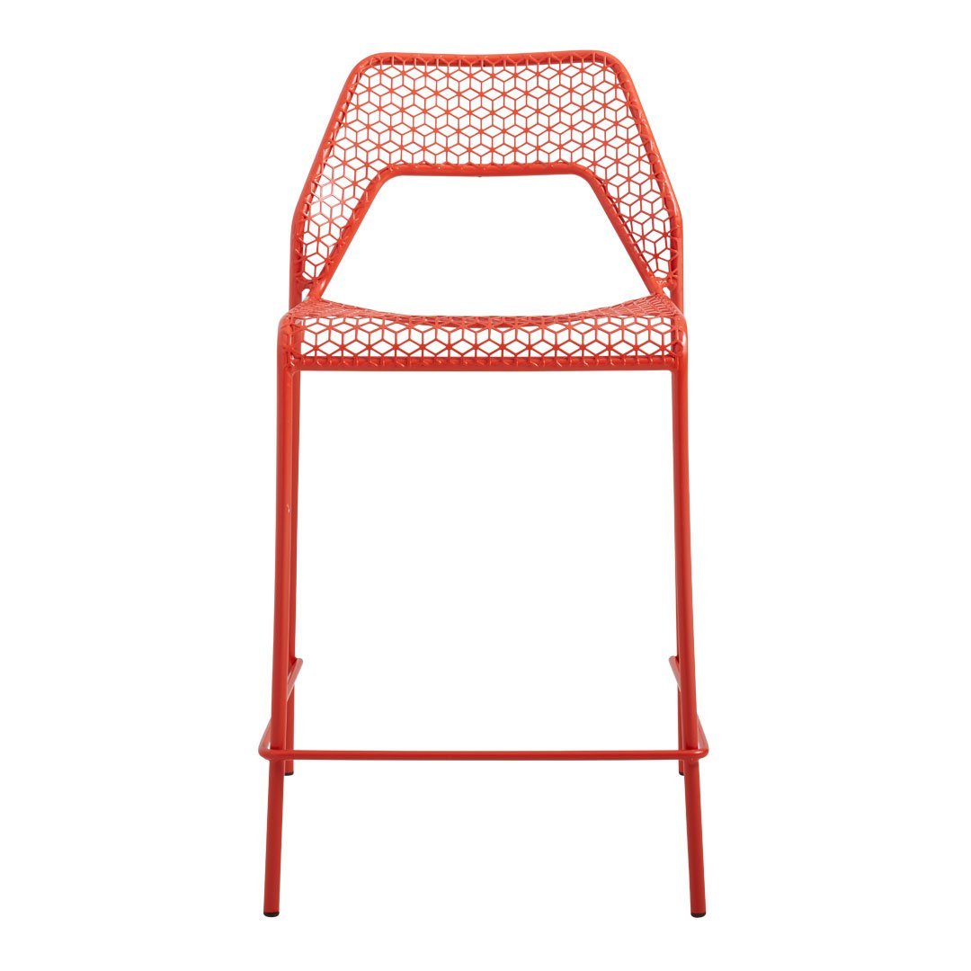 Bright orange bar stool with a floral-patterned backrest for a modern, vibrant look. Perfect for stylish seating.