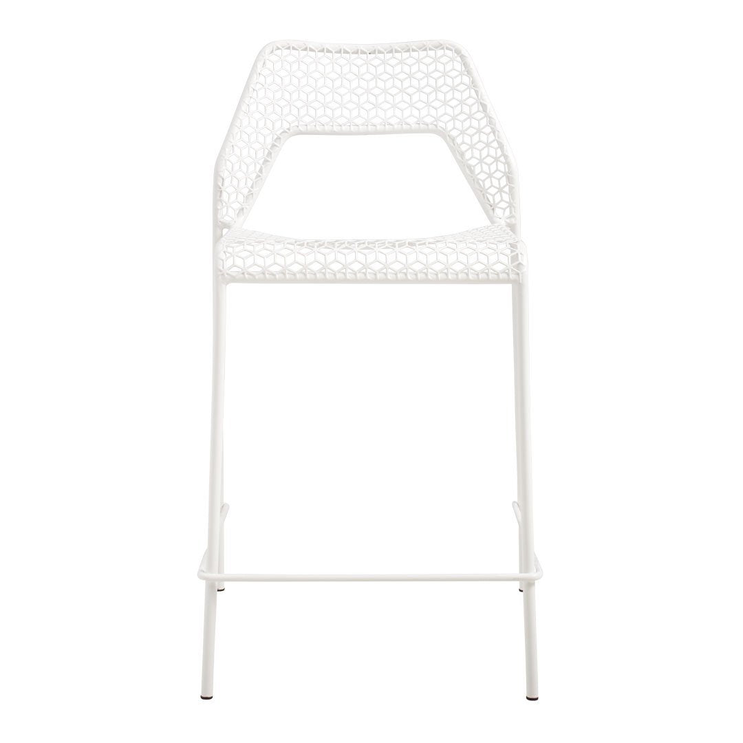 White high chair with a geometric pattern and open lattice design. Perfect for modern or minimalist decor.