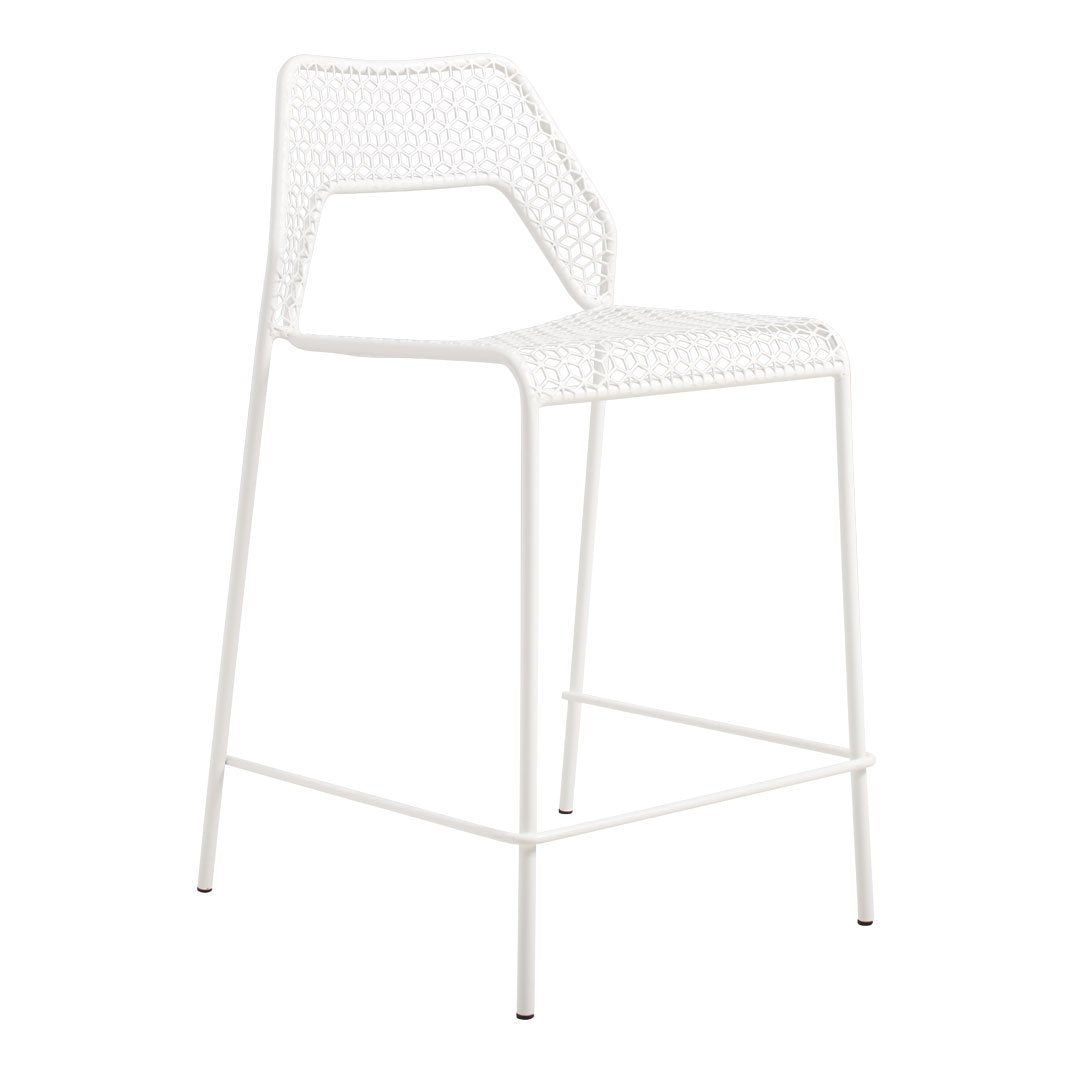 White woven bar stool with a sleek, minimalist design and open pattern detailing. Perfect for modern decor.