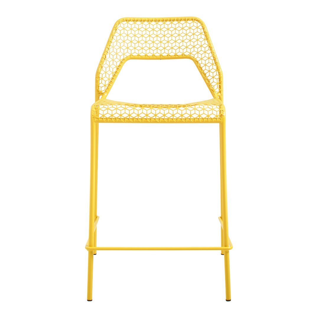 Bright yellow bar chair with a geometric pattern and a modern design, perfect for lively outdoor spaces.