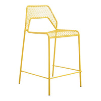 Bright yellow bar stool with a modern geometric pattern, ideal for stylish outdoor or indoor decor.