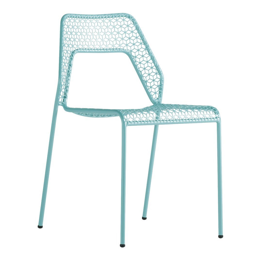 Light blue woven chair with a geometric pattern and sleek metal legs. Perfect for modern decor.
