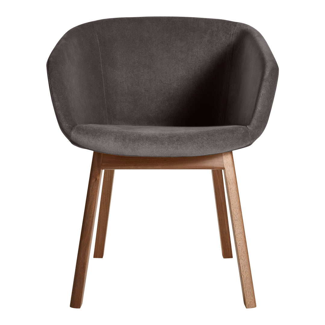 Stylish gray upholstered chair with a smooth texture and natural wood legs, perfect for modern decor.