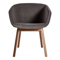Stylish gray upholstered chair with a smooth texture and natural wood legs, perfect for modern decor.