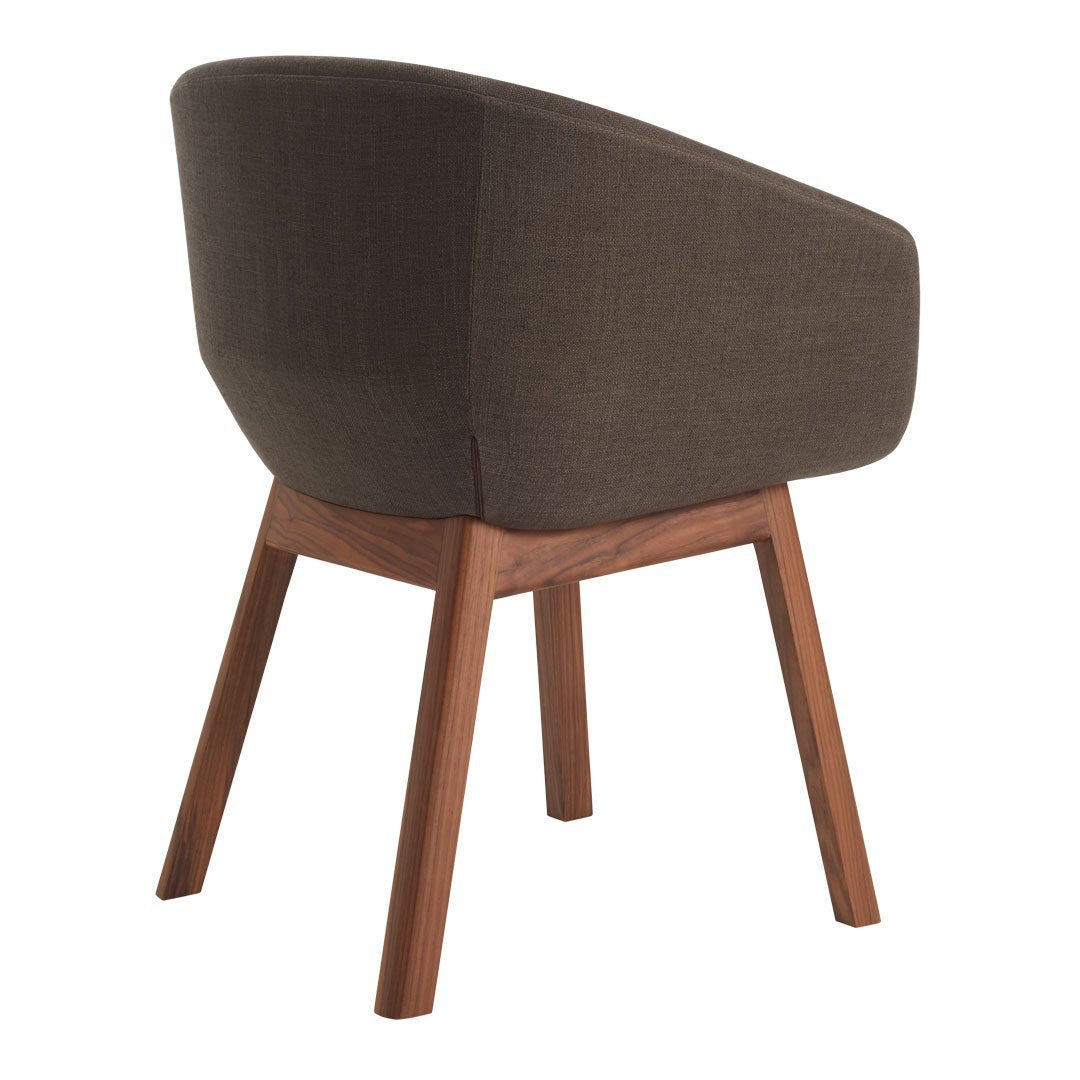 Brown upholstered chair with a smooth, curved shape and wooden legs, showcasing a minimalist design.