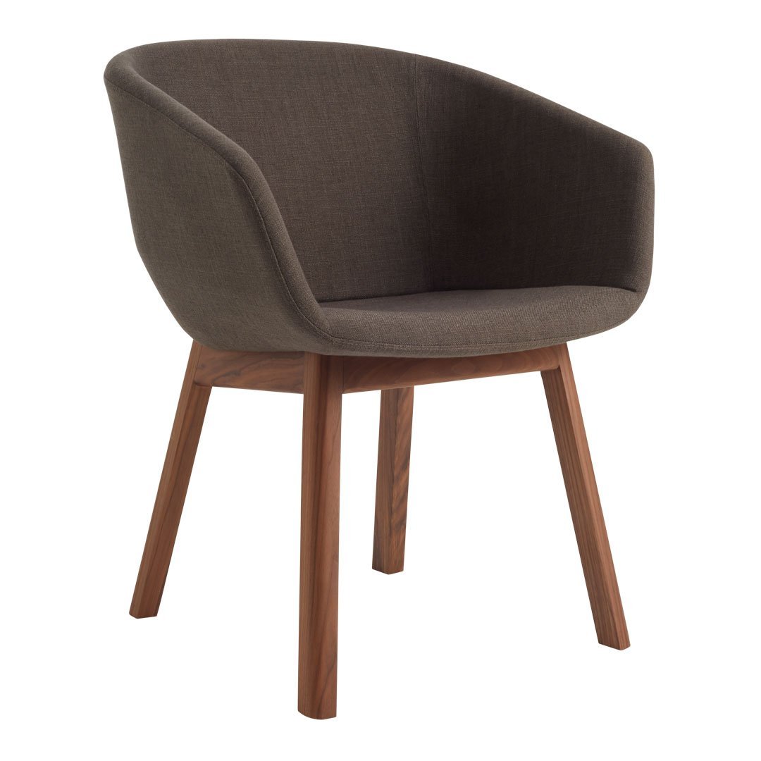 Gray upholstered chair with a sleek, modern design and warm wooden legs. Ideal for stylish interiors.