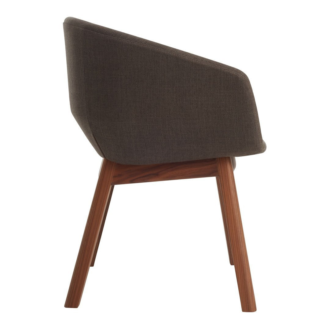 Dark gray upholstered chair with wood legs, featuring a smooth, modern silhouette. Perfect for contemporary decor.