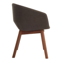 Dark gray upholstered chair with wood legs, featuring a smooth, modern silhouette. Perfect for contemporary decor.