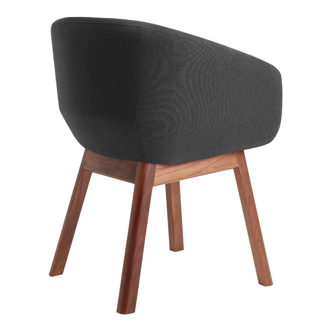 Bold black upholstery with subtle pattern and warm wooden legs. Stylish accent chair for modern decor.