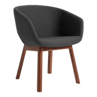 Stylish black fabric armchair with smooth curves and warm wooden legs, perfect for modern decor.