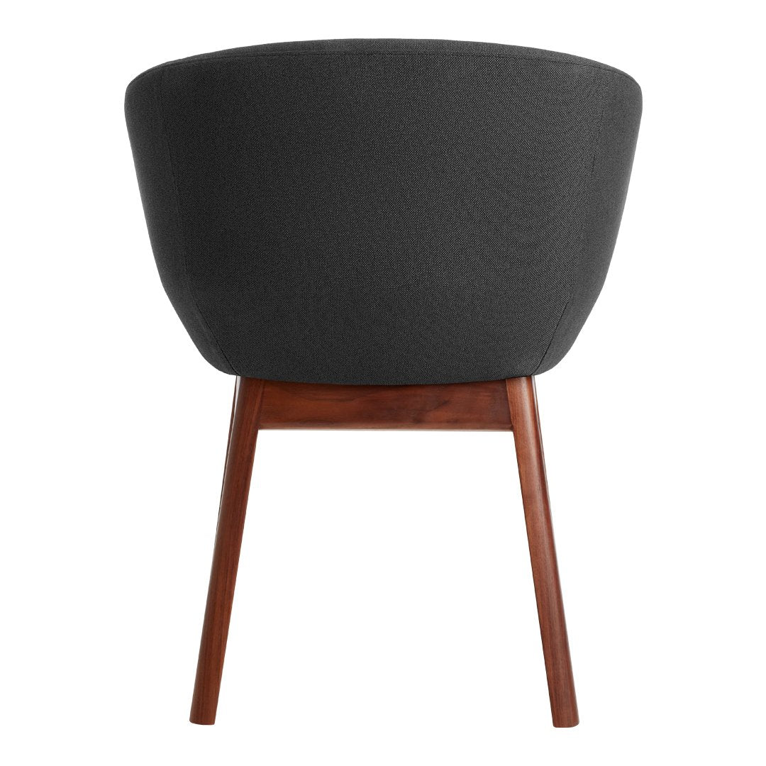 Black fabric chair with a textured pattern and wooden legs, showcasing a modern and stylish design.