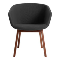 Modern black fabric chair with a textured pattern and warm wooden legs, enhancing contemporary decor.