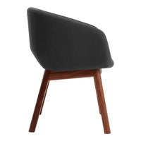 Gray upholstered chair with a smooth finish and contrasting natural wood legs. Elegant and minimalist design.