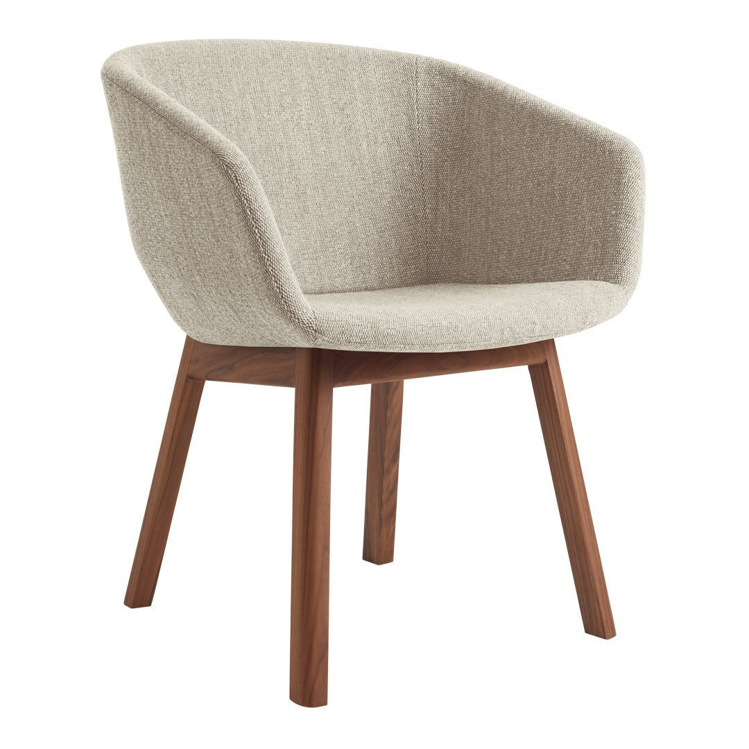 Light gray upholstered chair with a sleek design and warm wood legs, perfect for modern interiors.