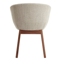 Beige upholstered chair with a textured fabric and wooden legs. Simple and modern design.