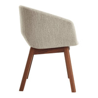 Light beige upholstered chair with a textured finish and rich walnut wood legs. Modern design, sleek silhouette.