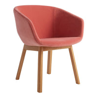 Coral pink upholstered chair with wooden legs, featuring a sleek, modern design and smooth texture. Perfect accent piece.