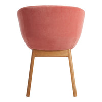 Pink upholstered chair with a smooth finish and natural wood legs, creating a modern and stylish look.