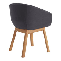 Dark gray upholstered chair with sleek lines, featuring natural wood legs for a modern, minimalist look.