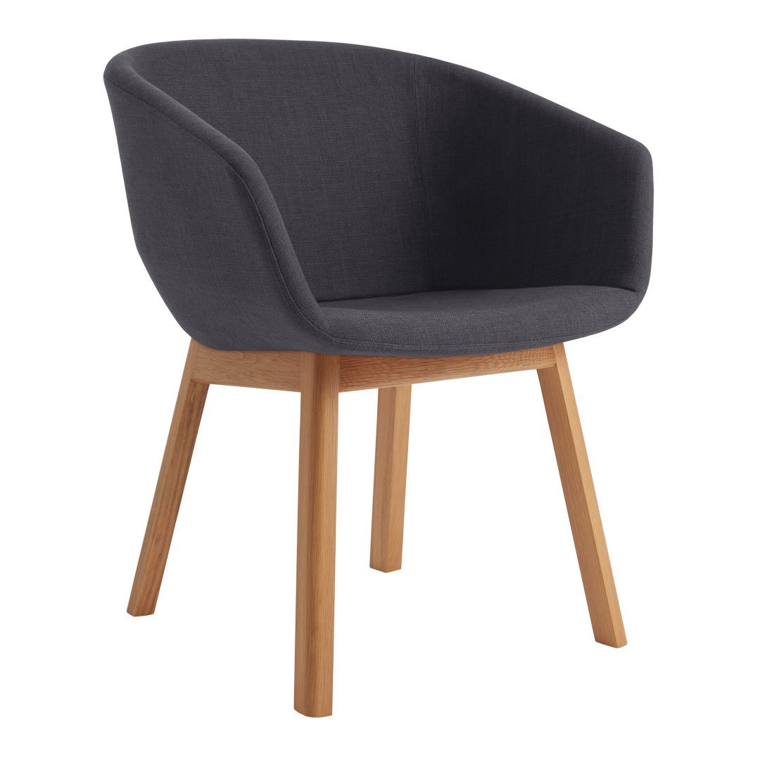 Stylish gray upholstered chair with light wood legs, featuring a modern, minimalist design. Perfect for any space.