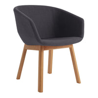 Stylish gray upholstered chair with light wood legs, featuring a modern, minimalist design. Perfect for any space.
