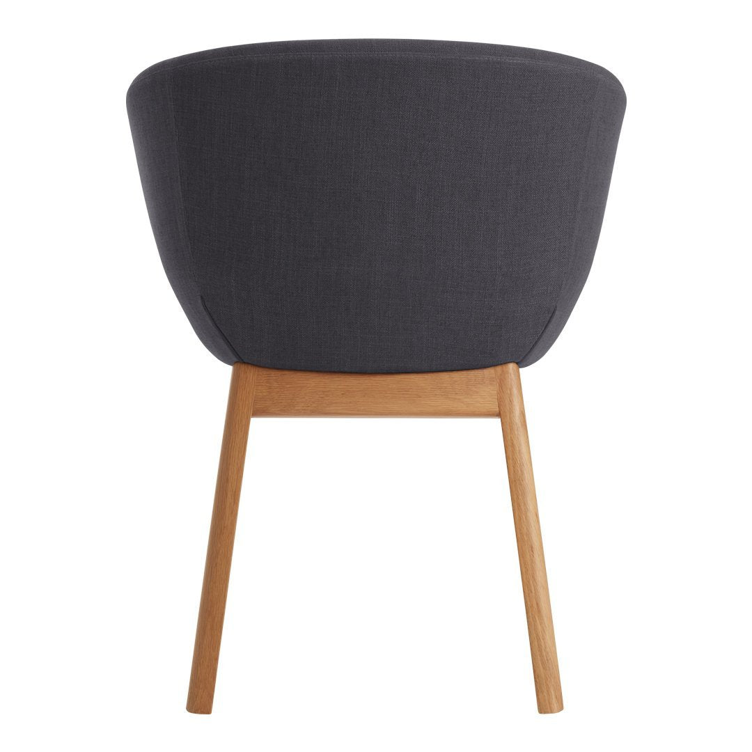 Gray upholstered chair with a smooth finish and natural wood legs. Modern design ideal for any decor.
