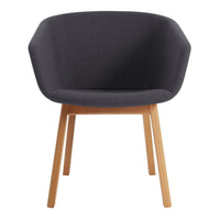 Gray upholstered chair with a modern hexagonal shape and light wood legs.