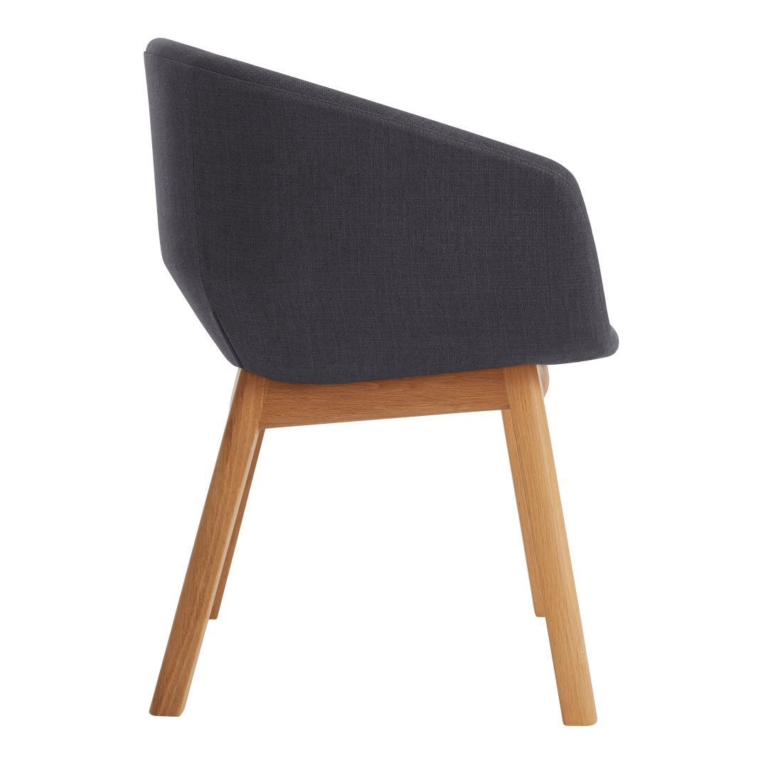 Dark gray upholstered chair with a light wooden frame, featuring a modern and sleek design.
