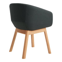 Modern black upholstered chair with natural wood legs, showcasing a sleek, minimalist design.