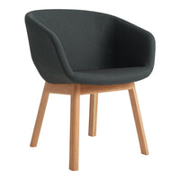 Modern black upholstered chair with natural wooden legs, featuring a sleek, minimalist design. Ideal for contemporary decor.