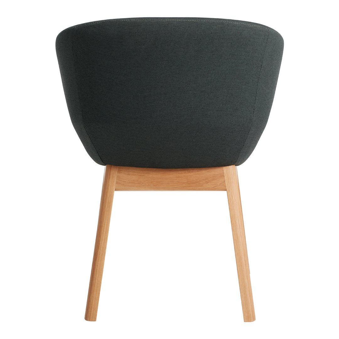 Dark green upholstered chair with natural wood legs, featuring a simple and smooth contemporary design.