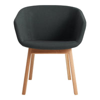 Stylish dark gray fabric armchair with natural wood legs, featuring a smooth, modern design. Ideal for contemporary decor.