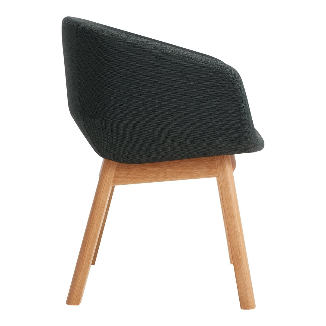Black upholstered chair with a sleek design and light wooden legs. Modern style for any decor.