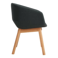 Black upholstered chair with a sleek design and light wooden legs. Modern style for any decor.