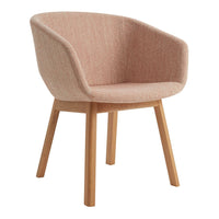 Blush pink upholstered chair with a textured fabric and natural wood legs for a stylish, modern look.